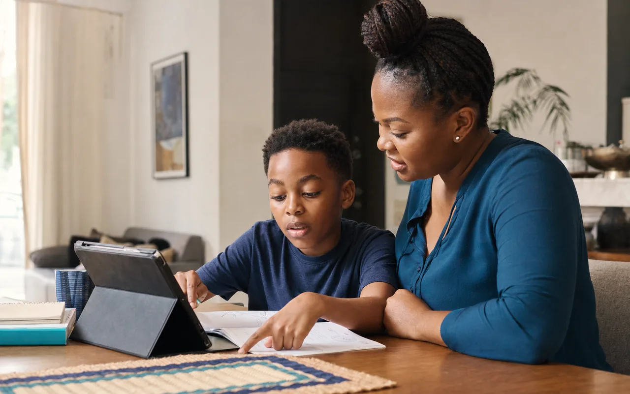 Nigerian mother helping her child create a useful home project with AI
