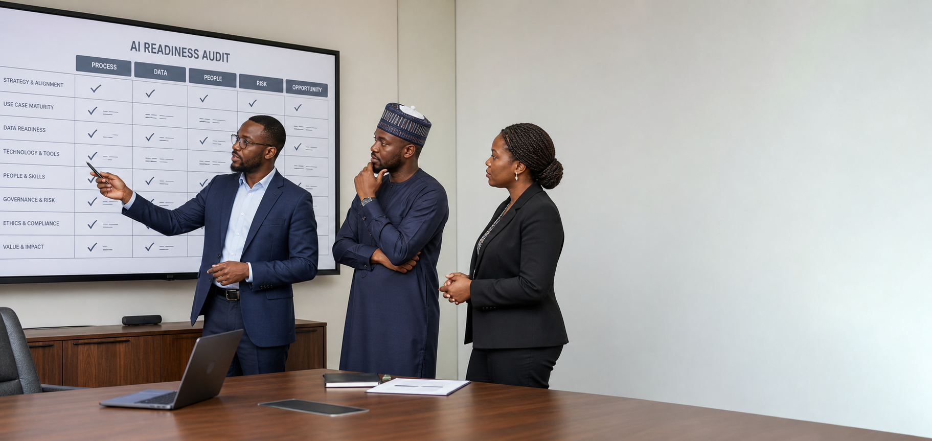 Nigerian leadership team reviewing an AI readiness audit with processes, data, and risk areas