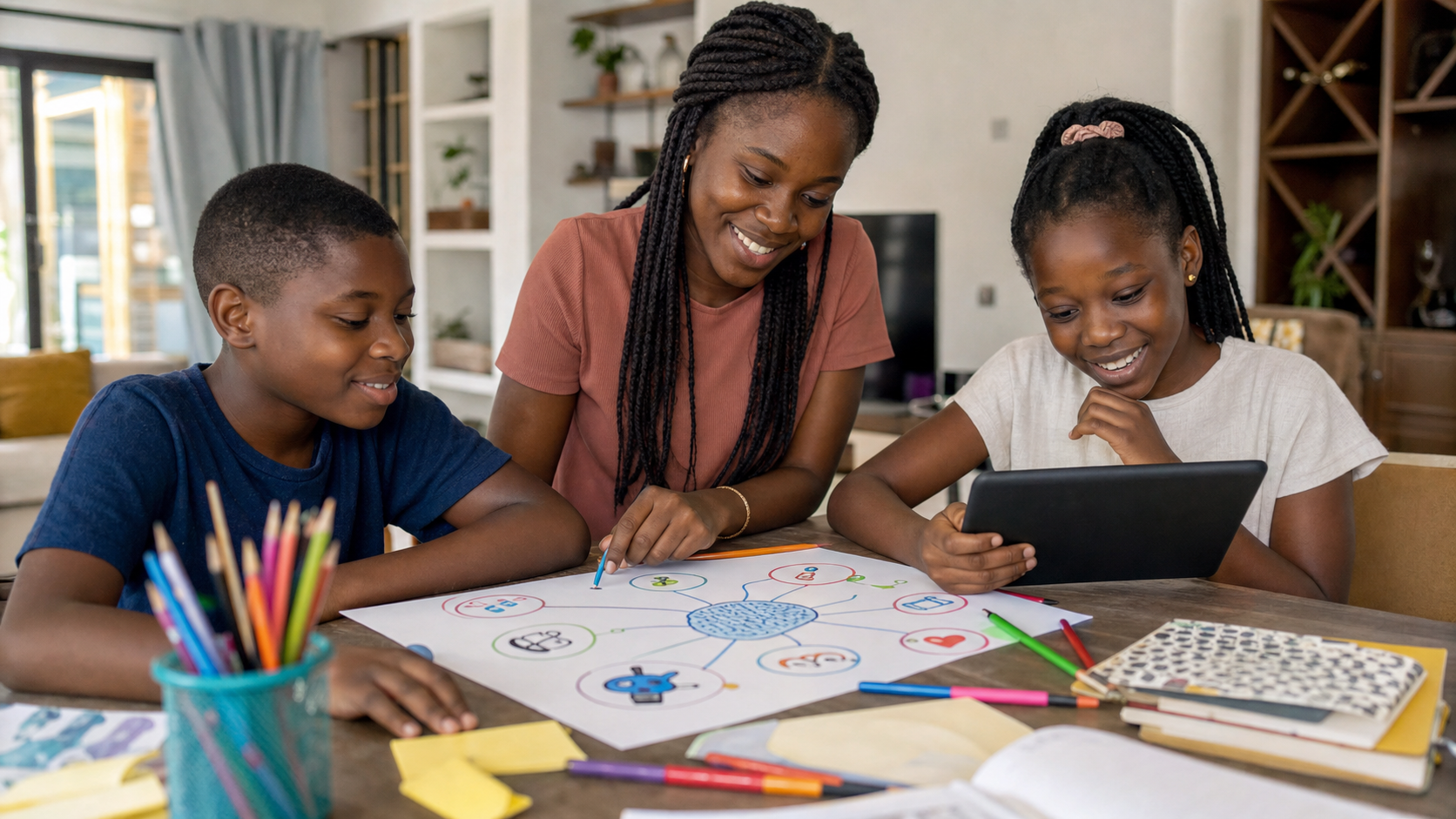 Nigerian children and parent creating an AI learning activity at home