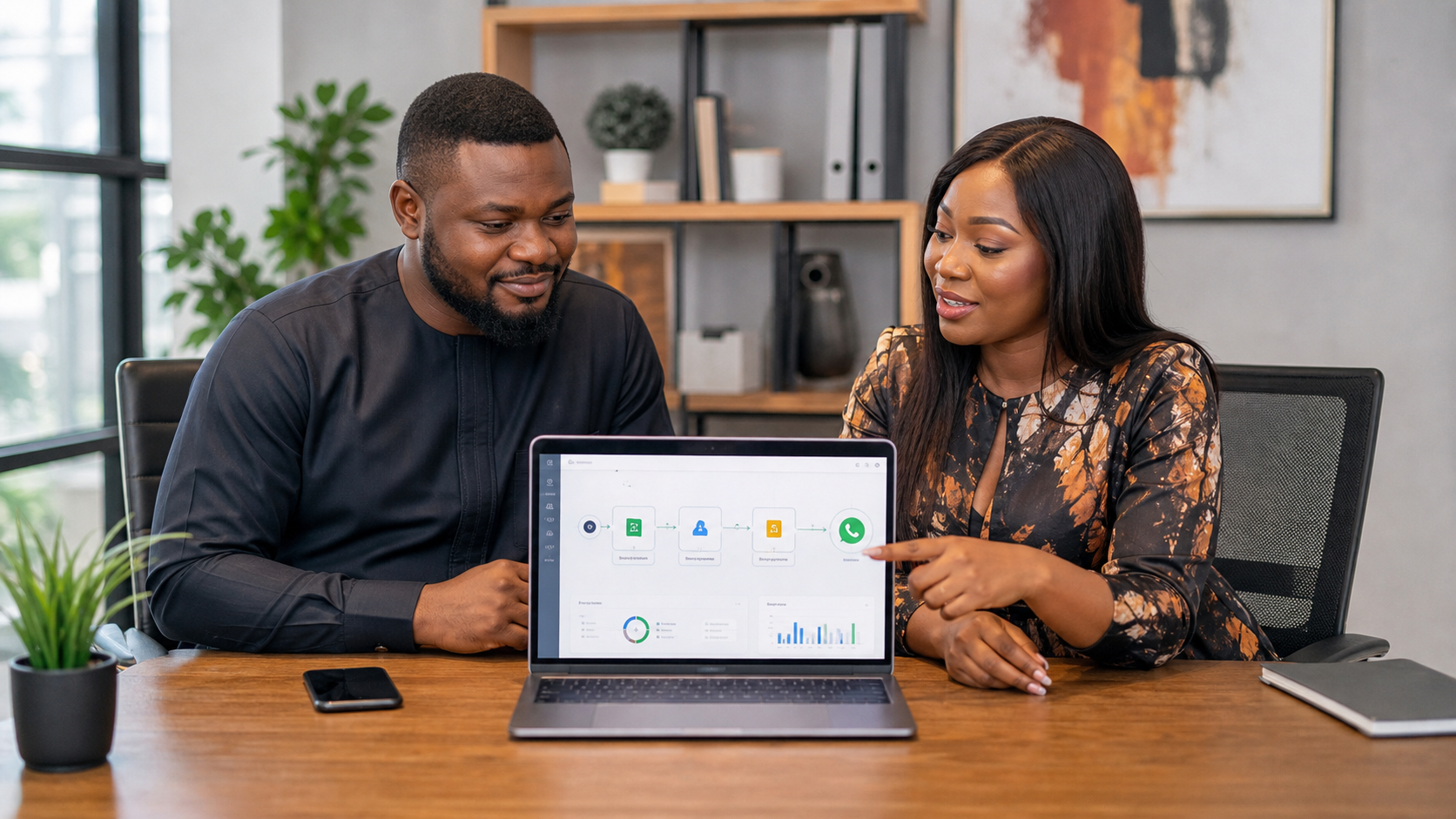 Nigerian business owner and strategist reviewing an AI agent workflow for leads and follow-up