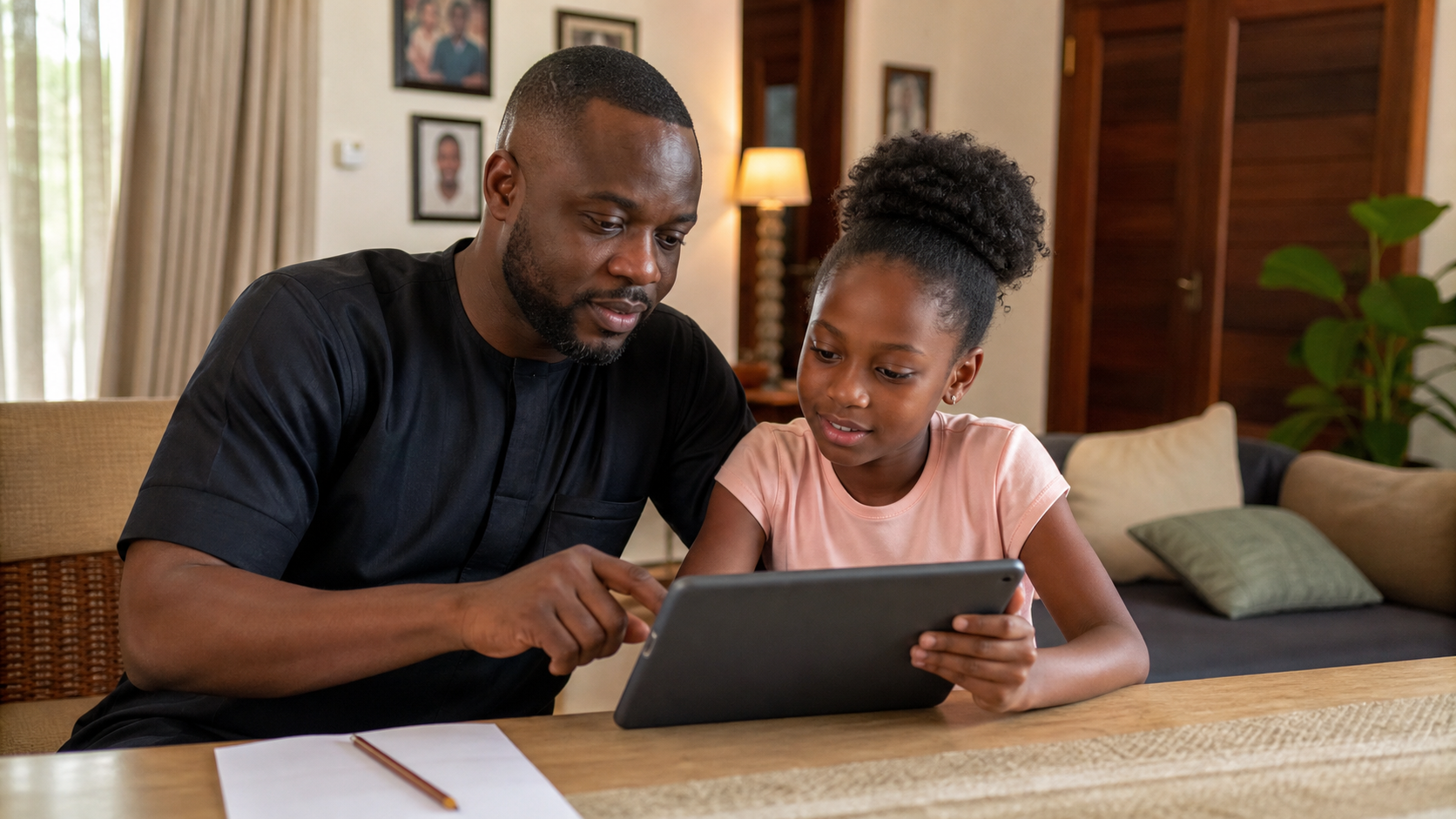 Nigerian father and daughter discussing safe AI use at home