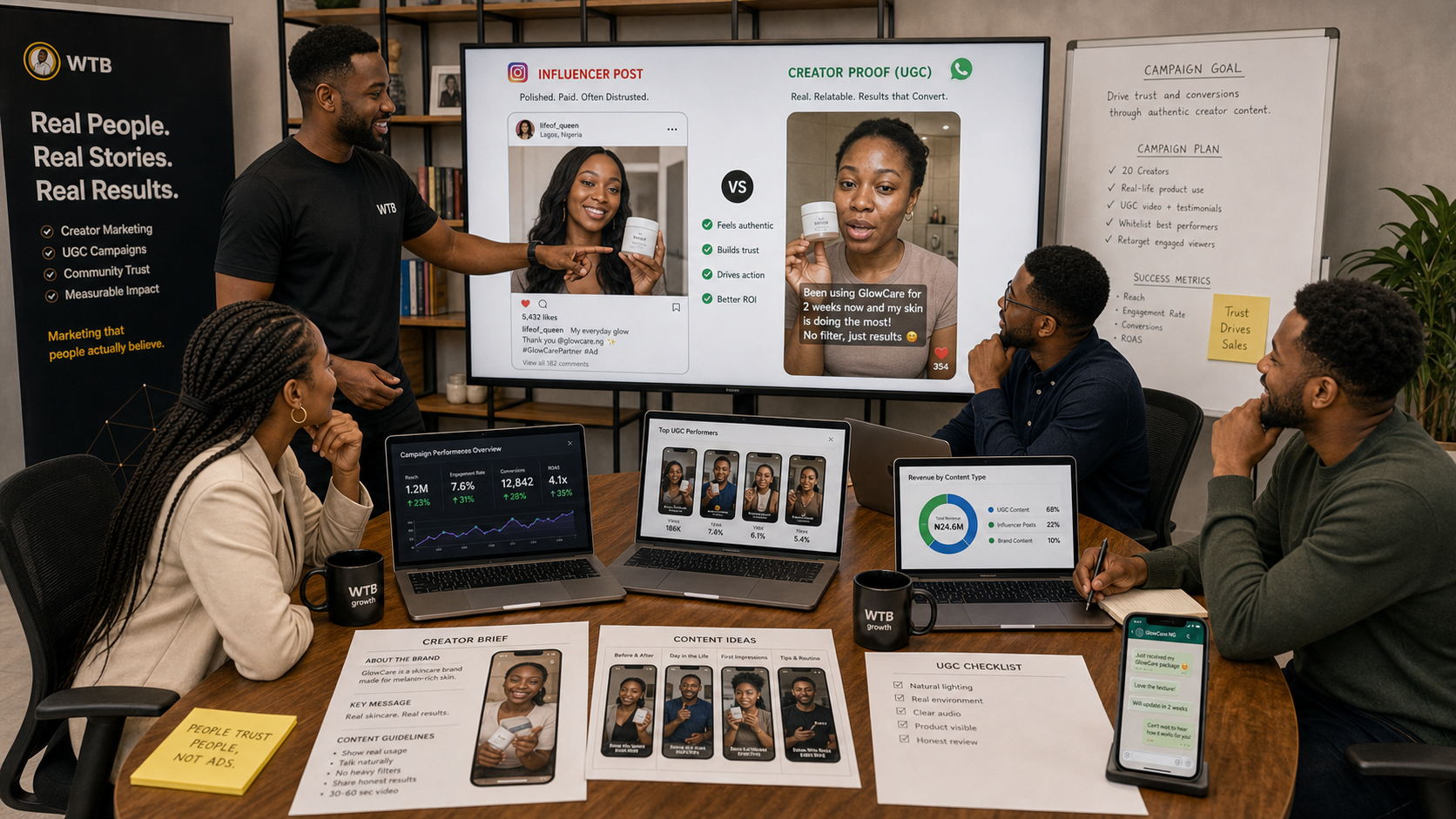 Nigerian brand team and creator reviewing UGC content, campaign metrics, and trust-building creator proof
