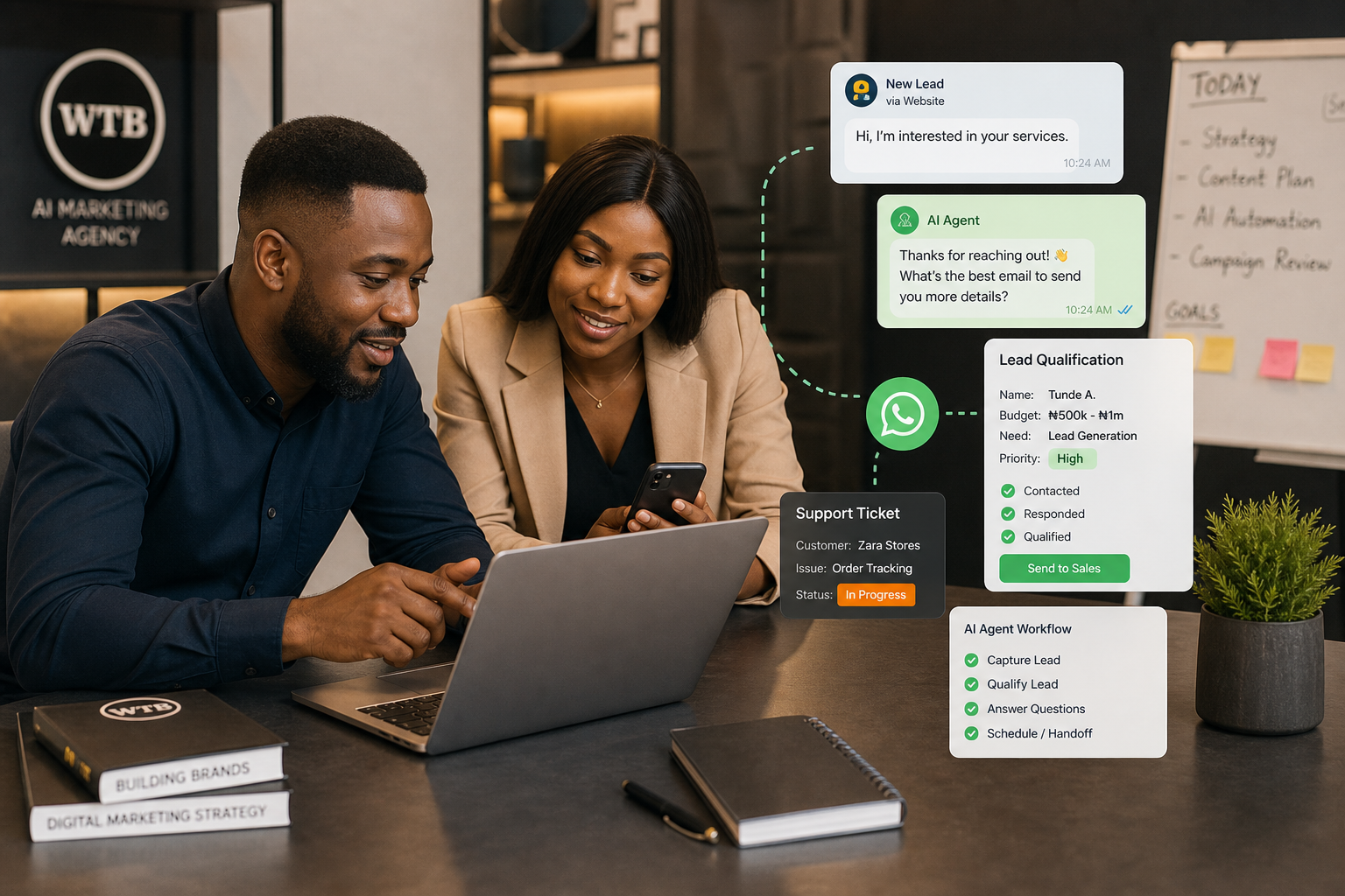 Nigerian business owner and strategist reviewing an AI agent workflow for lead qualification and customer follow-up