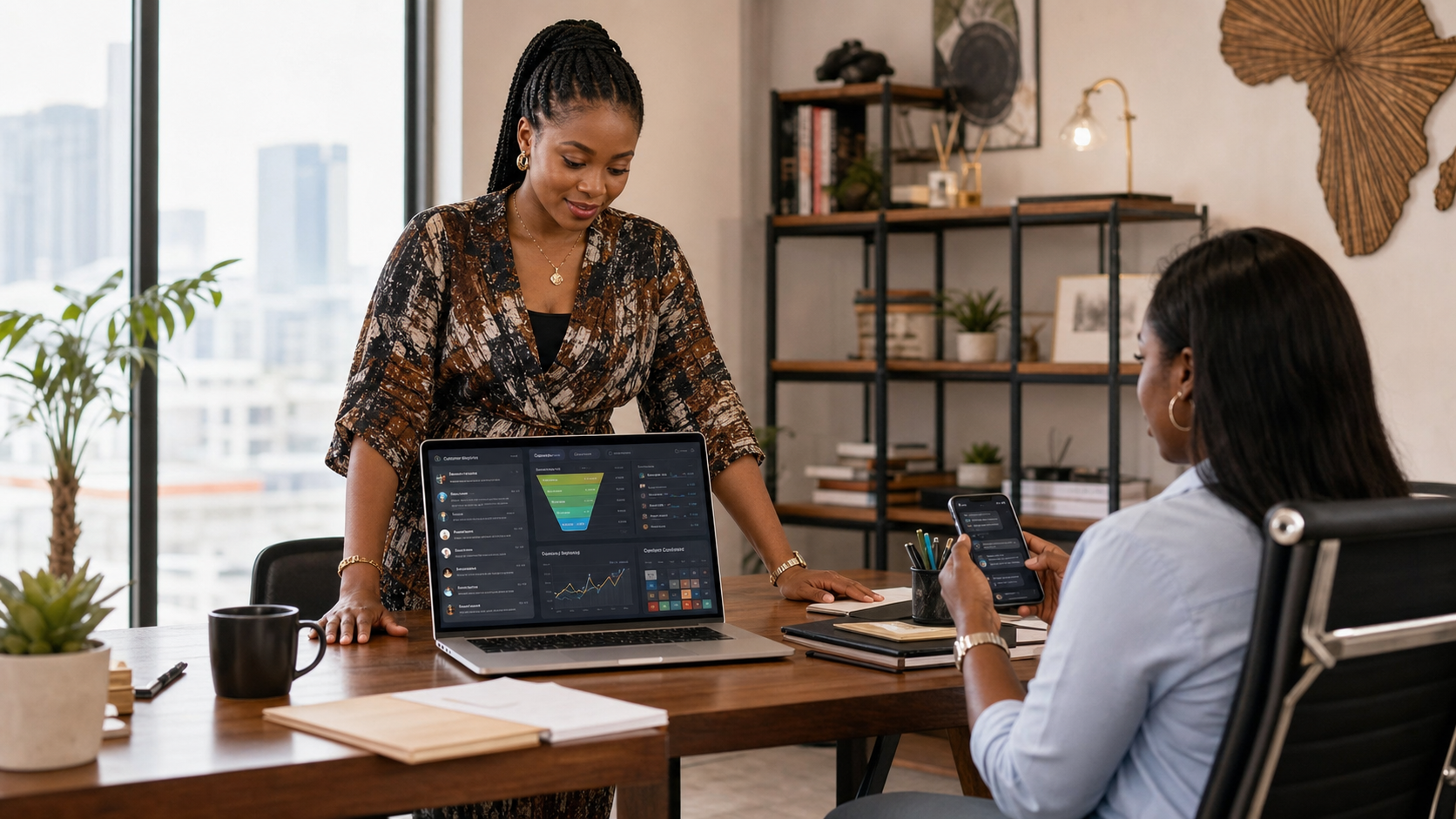 Nigerian business team reviewing an AI-powered customer and marketing workflow on a laptop and phone