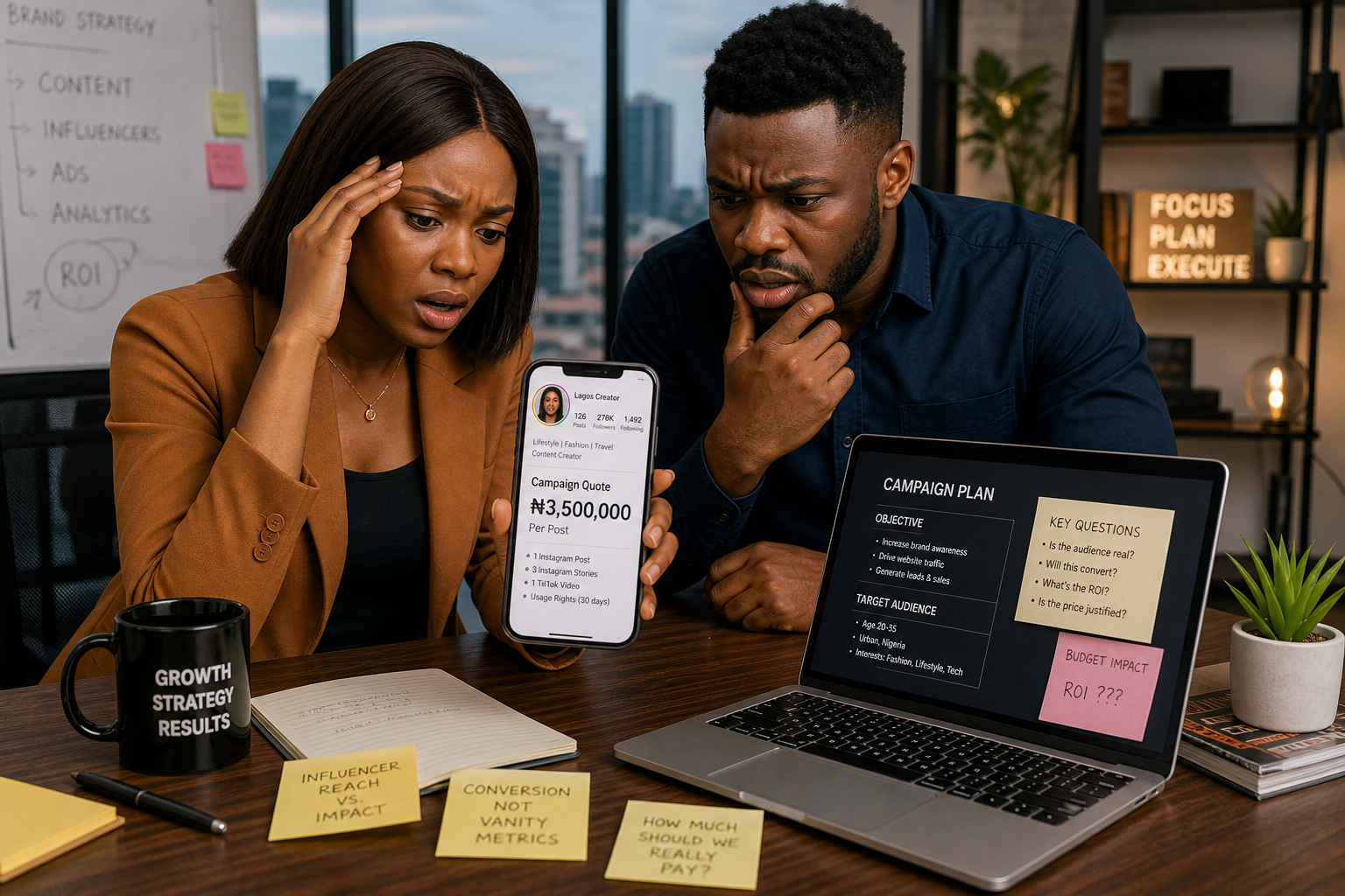 Nigerian business owner and marketer reacting to a high influencer campaign quote while reviewing ROI questions