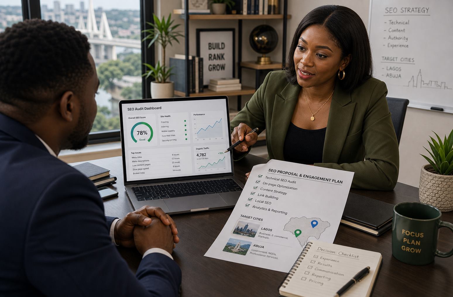 Business owner meeting an SEO consultant while reviewing an audit and Lagos Abuja checklist