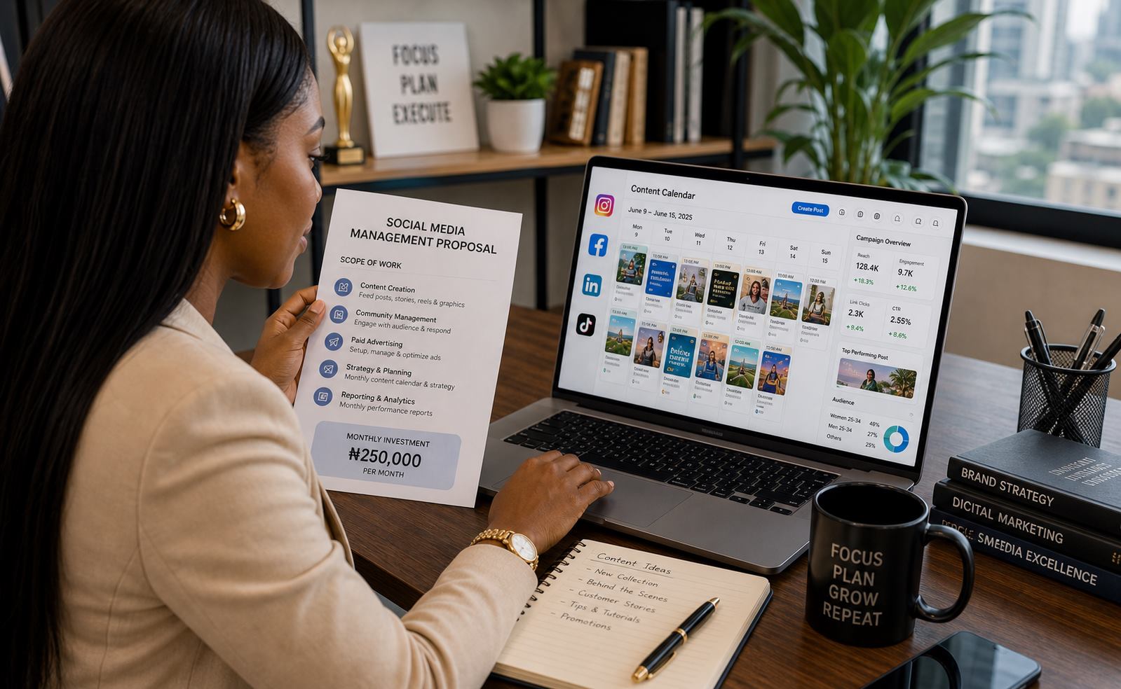 Brand owner reviewing a social media management proposal and content calendar