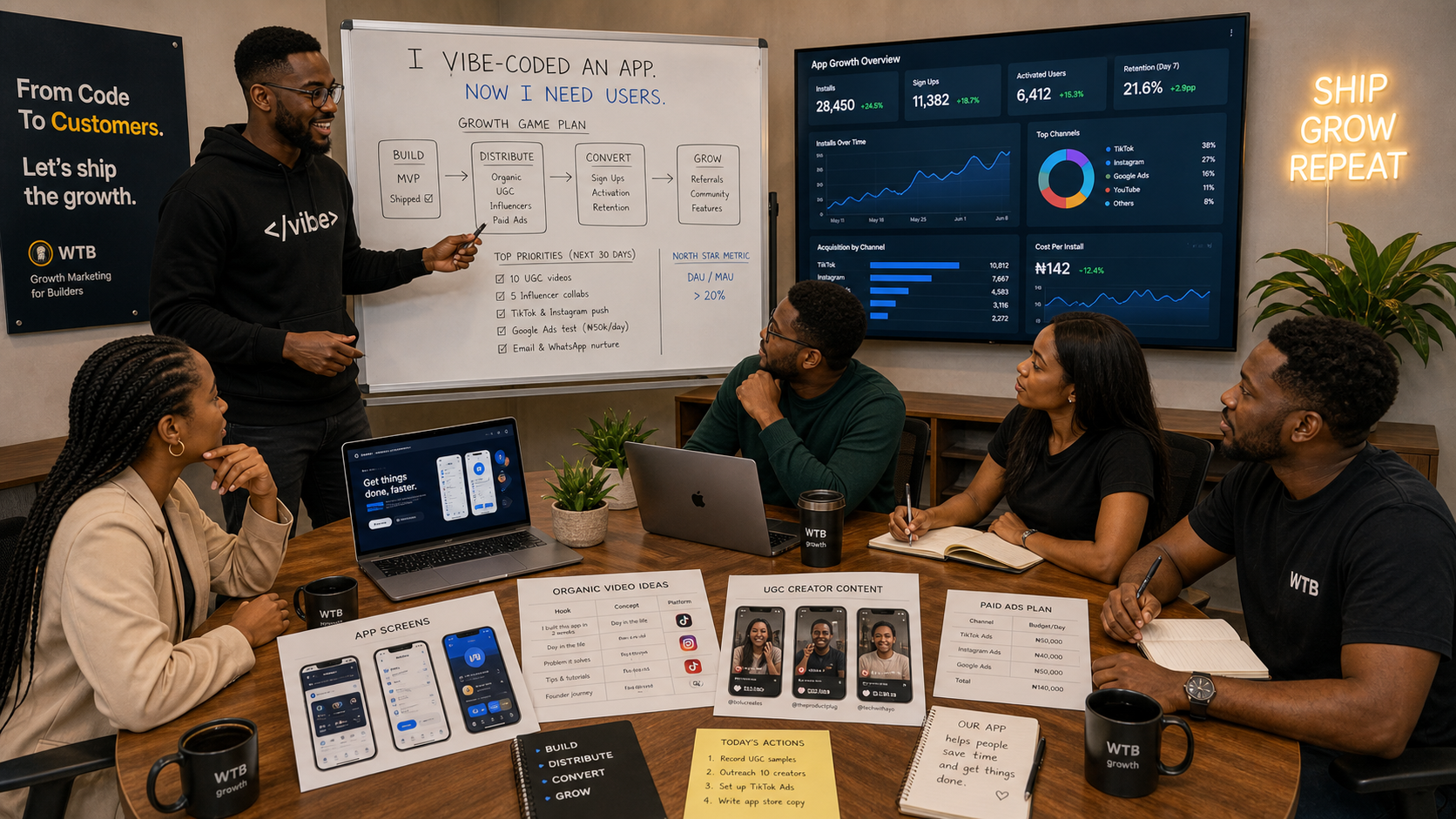 Founder and marketing team planning app distribution with organic videos, UGC creators, and paid ads