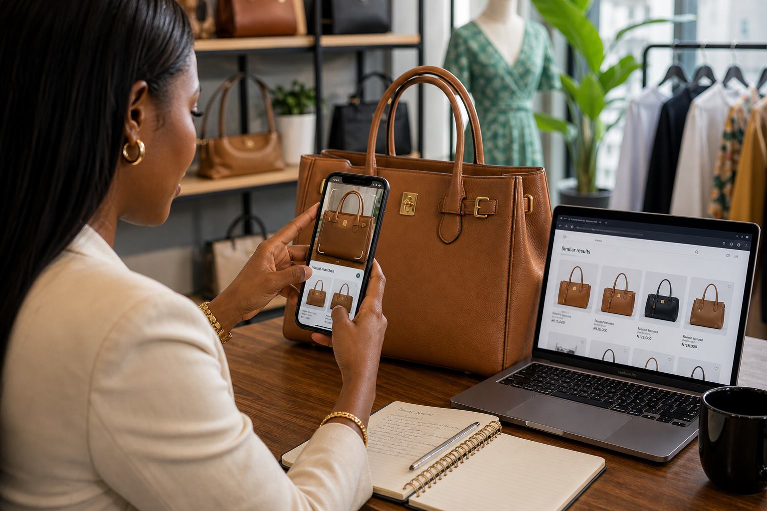 Shopper using a phone camera to find product matches for a handbag