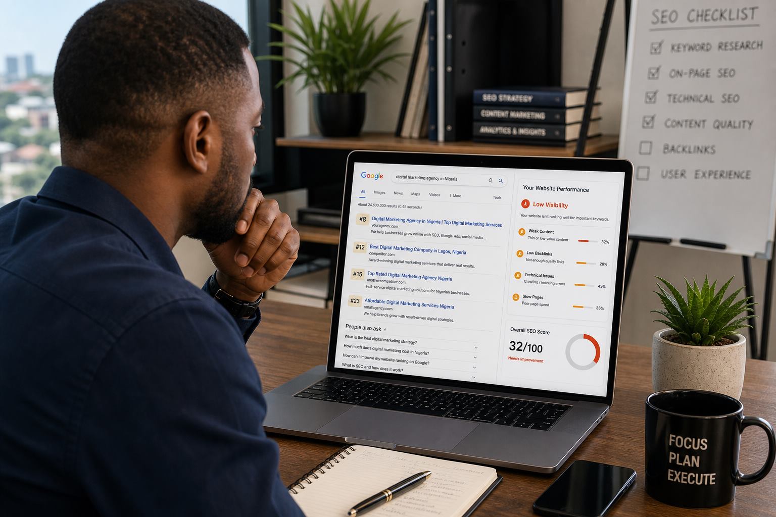 Nigerian founder reviewing low Google rankings and website SEO problems on a laptop