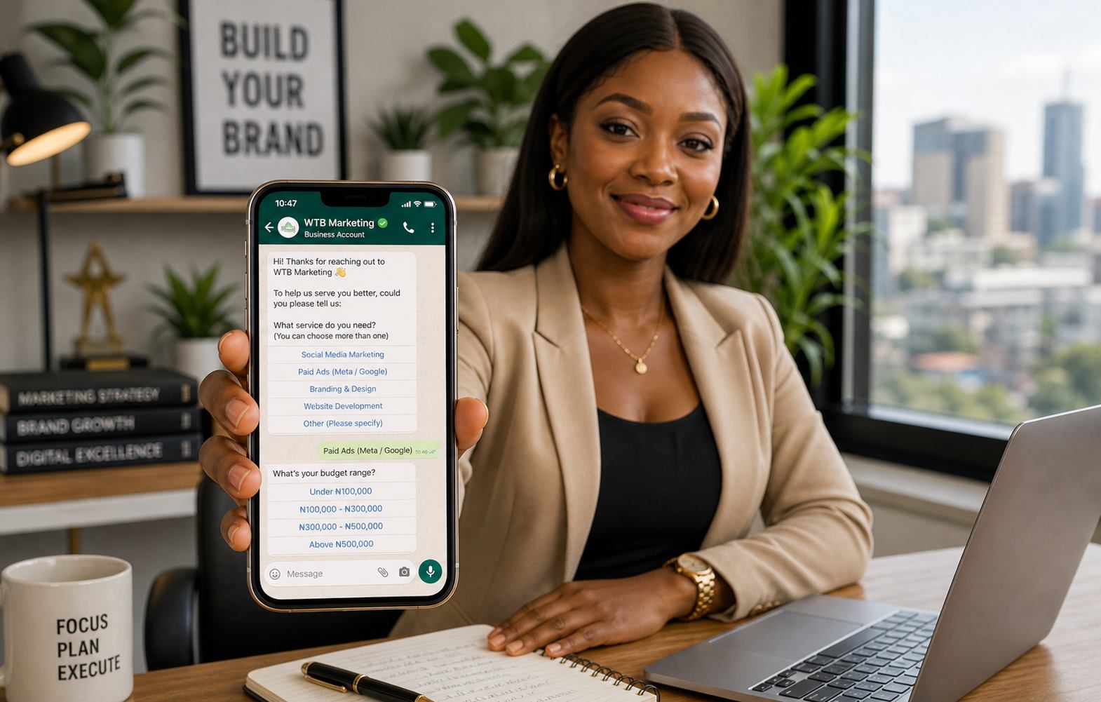 Business owner holding a phone with a WhatsApp lead qualification chat visible in the foreground