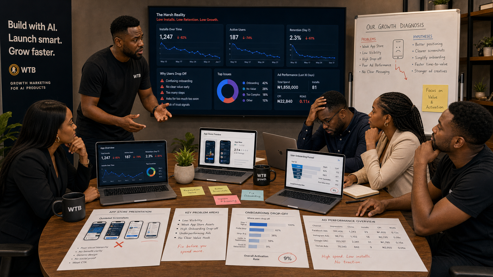 Founder and growth team diagnosing low installs, weak onboarding, and poor app ad performance