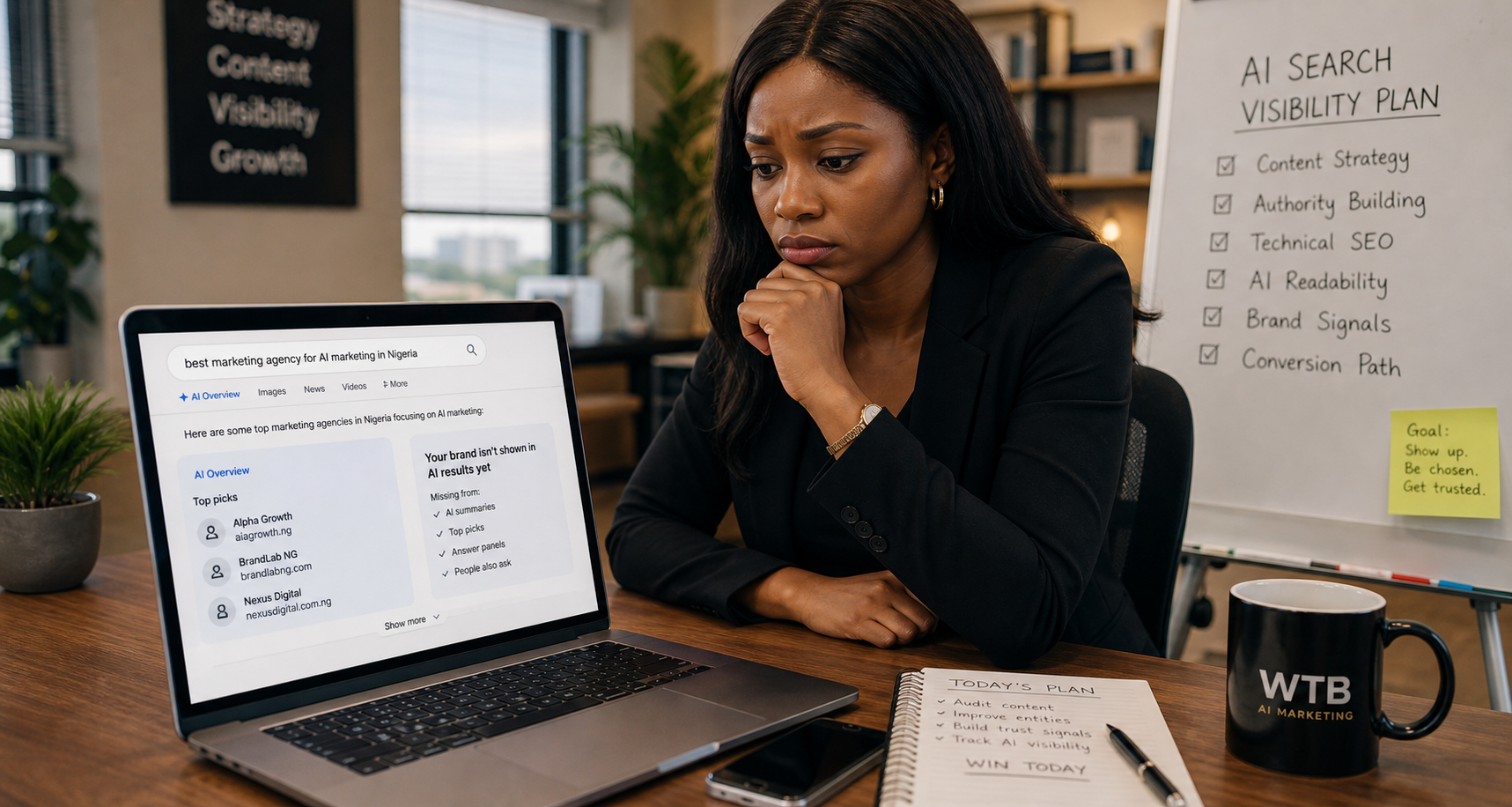 Nigerian business owner reviewing AI search visibility, missing recommendation signals, and a business growth plan on a laptop