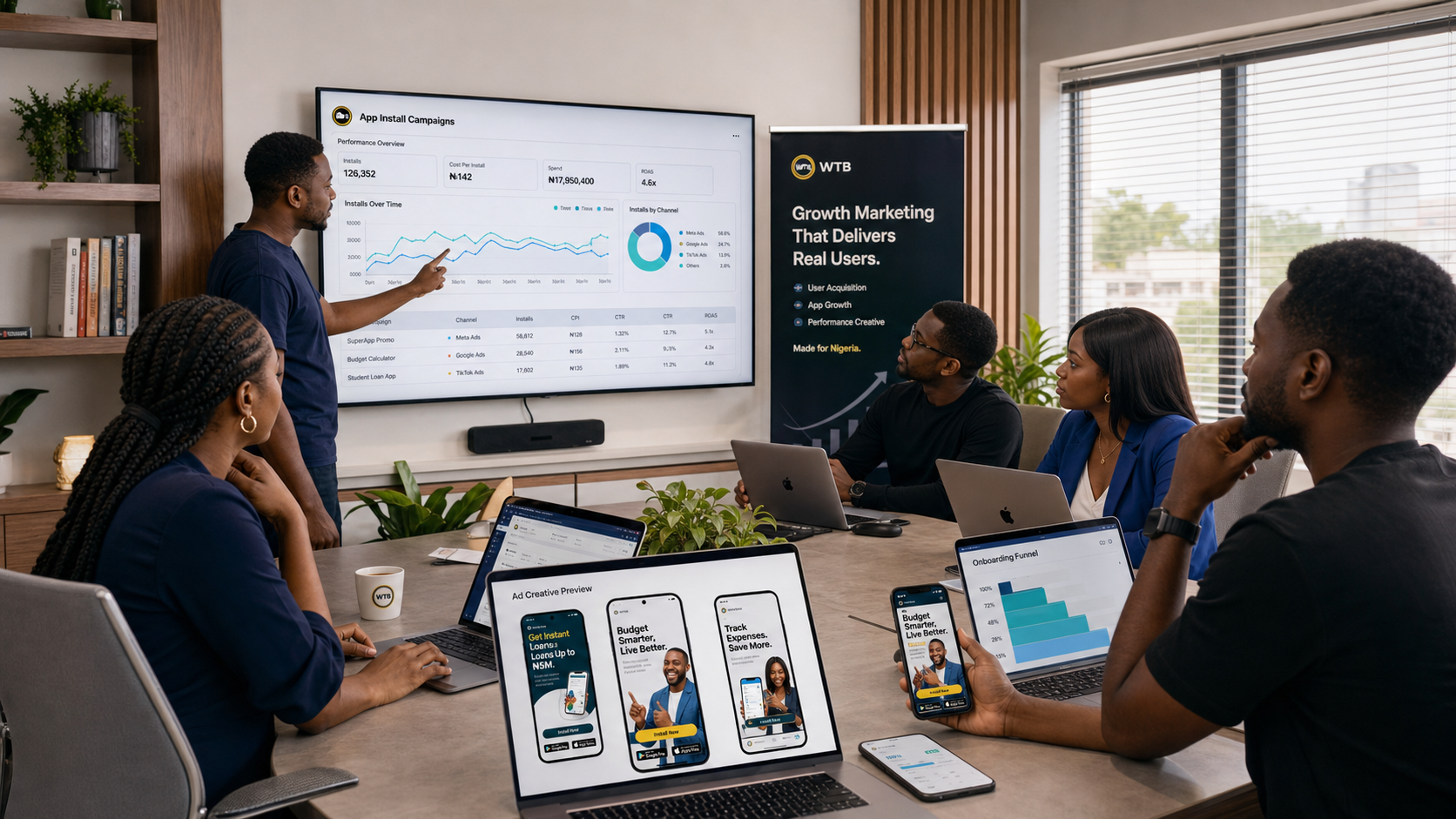 App growth team reviewing install campaigns, onboarding funnel data, and user acquisition performance