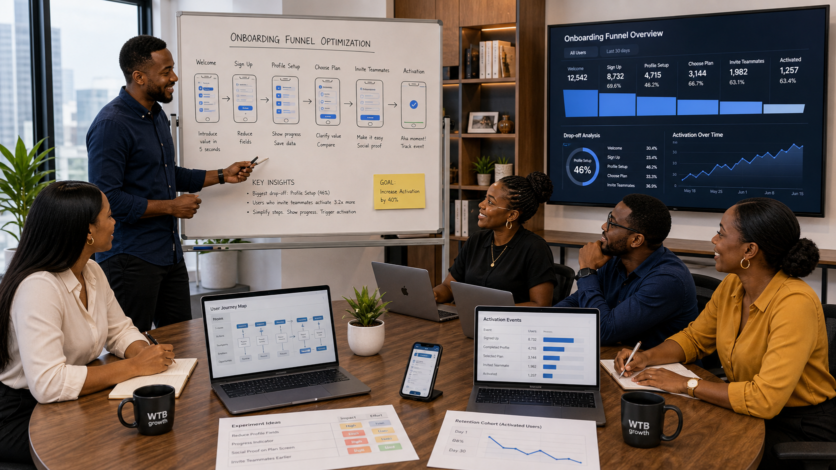 Growth team analyzing onboarding drop-off and activation funnel improvements for an app