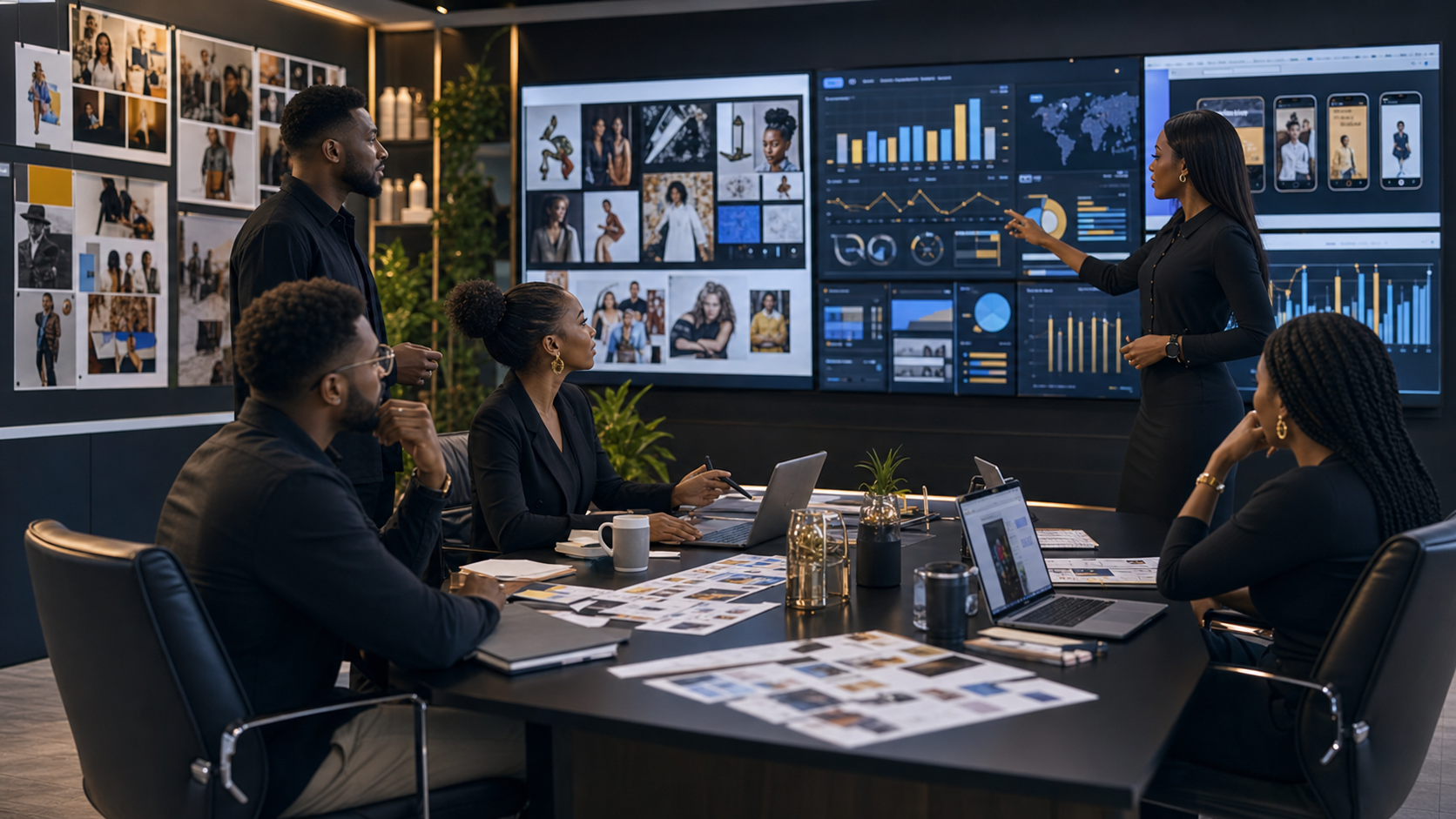 WTB AI marketing workflow with Nigerian strategy team and creative campaign boards