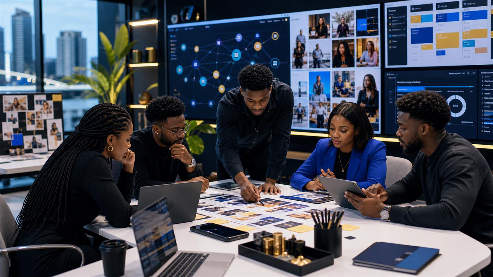 Lagos AI marketing team reviewing dashboards, campaign planning, and execution workflow