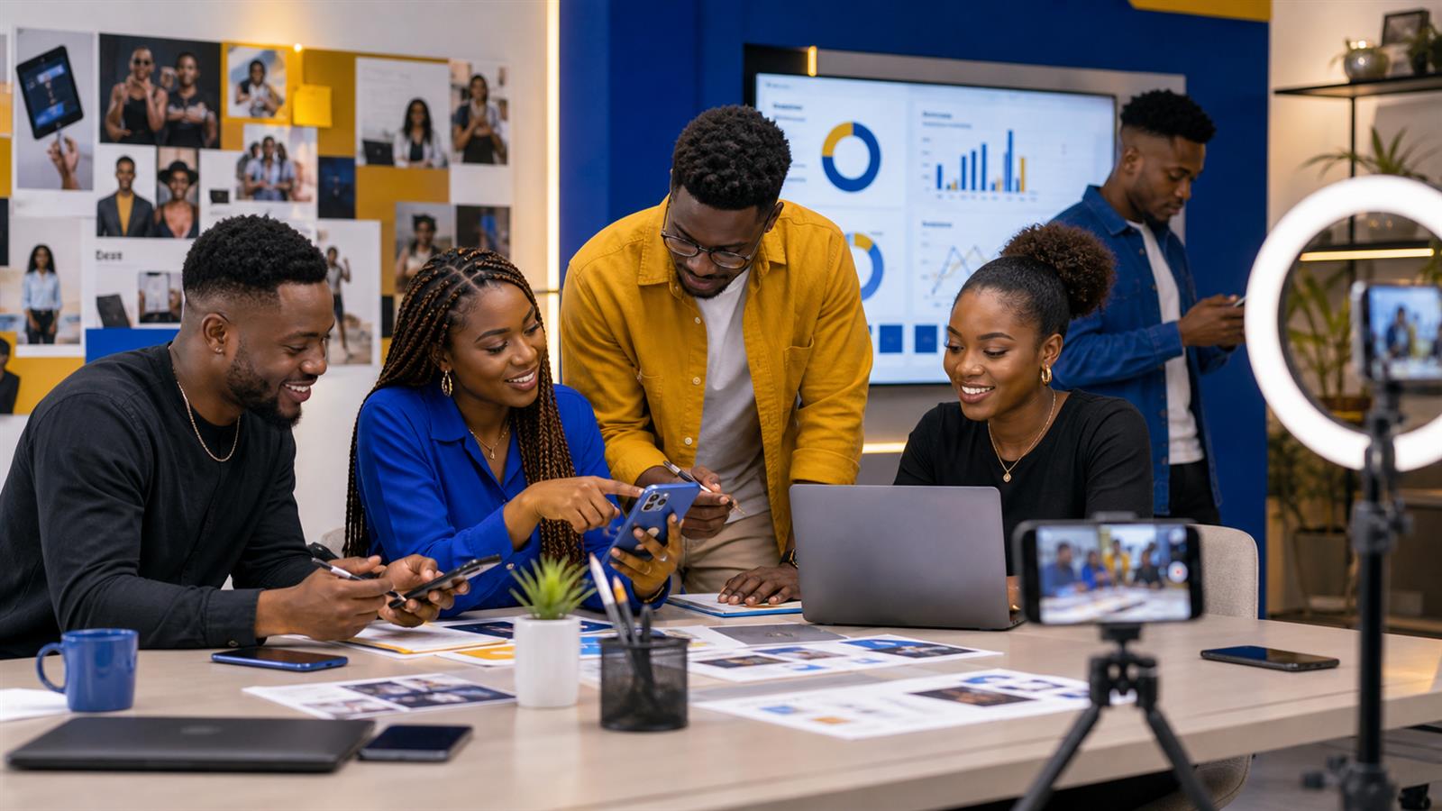 Social media marketing team in Nigeria planning content, platform hooks, and campaign ideas