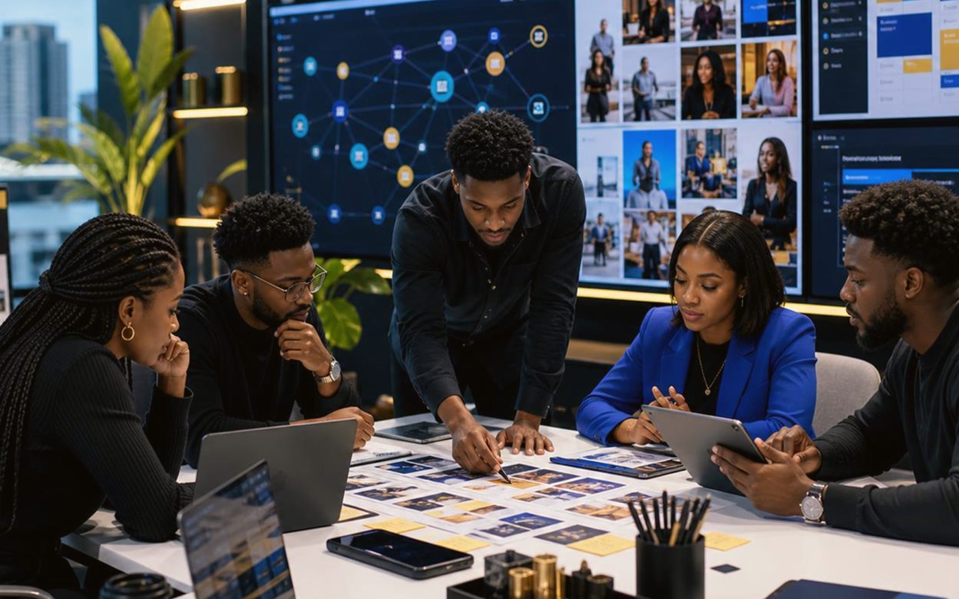 Abuja marketing team reviewing strategy, campaign direction, and buyer messaging in a meeting