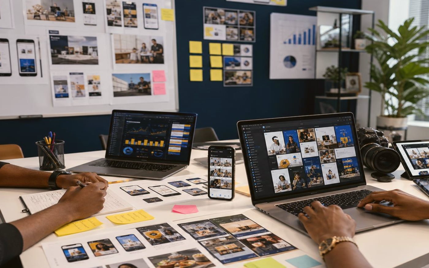 Nigerian marketing team reviewing image-led digital campaigns and product content in a modern studio