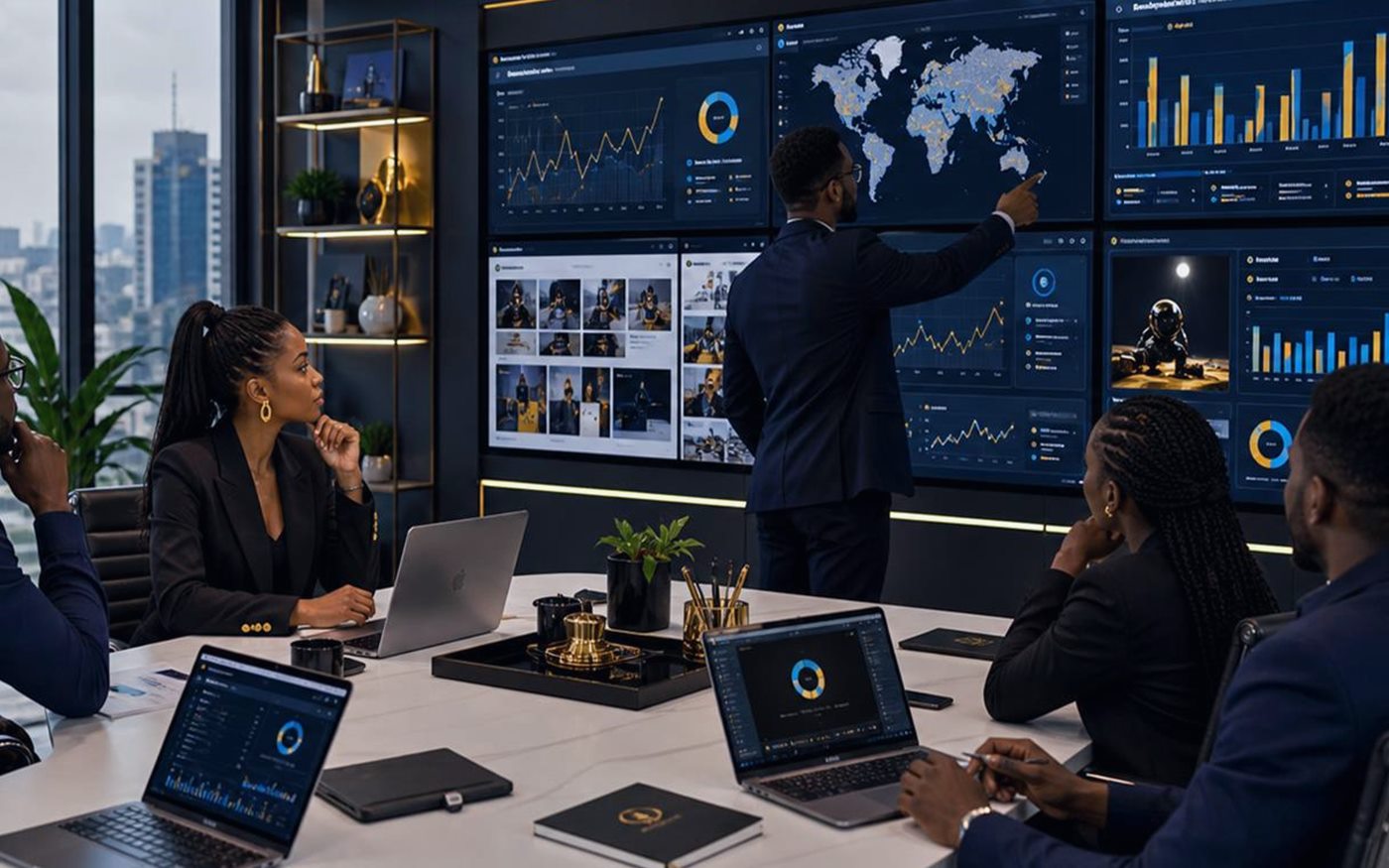 Nigerian business owner comparing advertising results and customer journey performance on a laptop