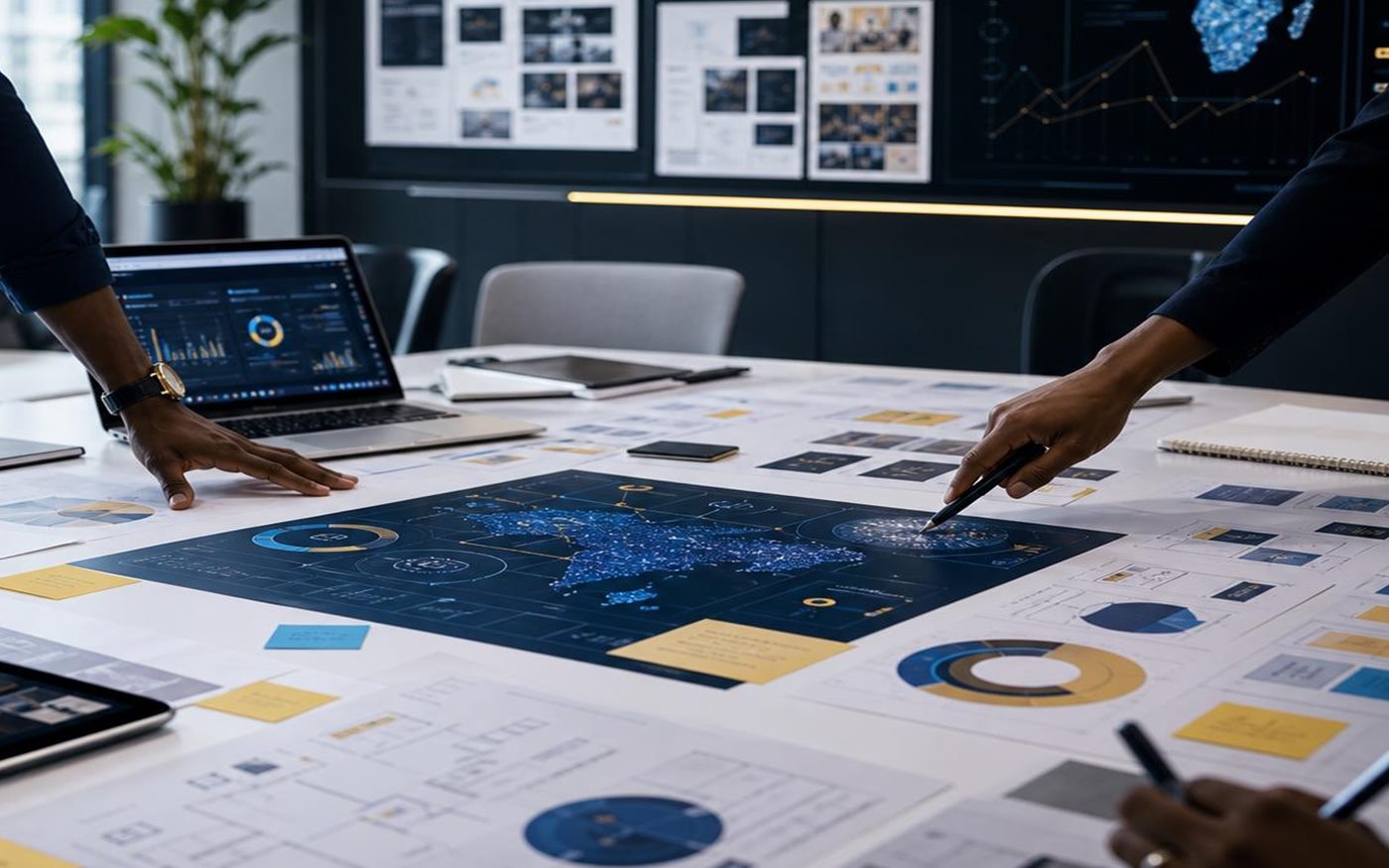 Strategists discussing SEO scope, reporting, and business goals on a planning table