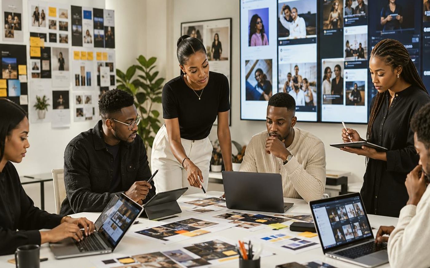 Nigerian business owner managing customer messaging and follow-up on a laptop and phone