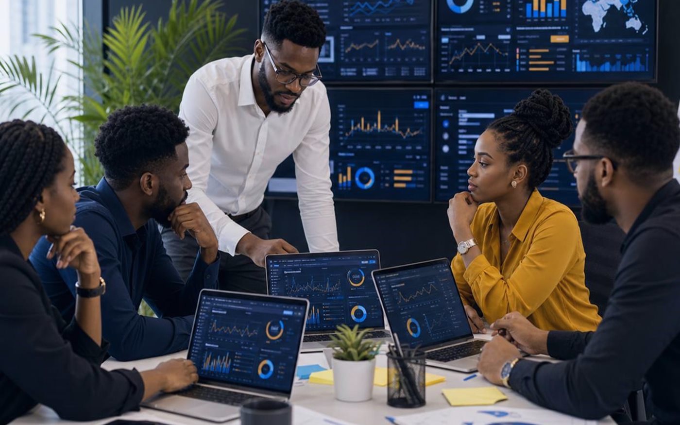 Abuja business owner reviewing marketing warning signs, campaign plans, and website issues on a laptop