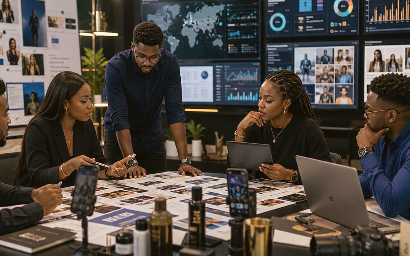 Social media strategist reviewing campaign content and performance plans for a Nigerian brand